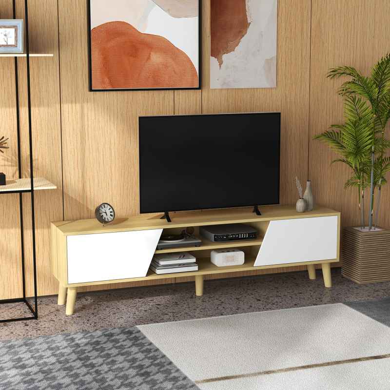 HOMCOM TV Stand Cabinet, TV Unit for TVs up to 65", TV Cabinet with Storage Shelves and Soft Closing Door Cupboard, Cable Management for Living Room, Bedroom, Oak and White