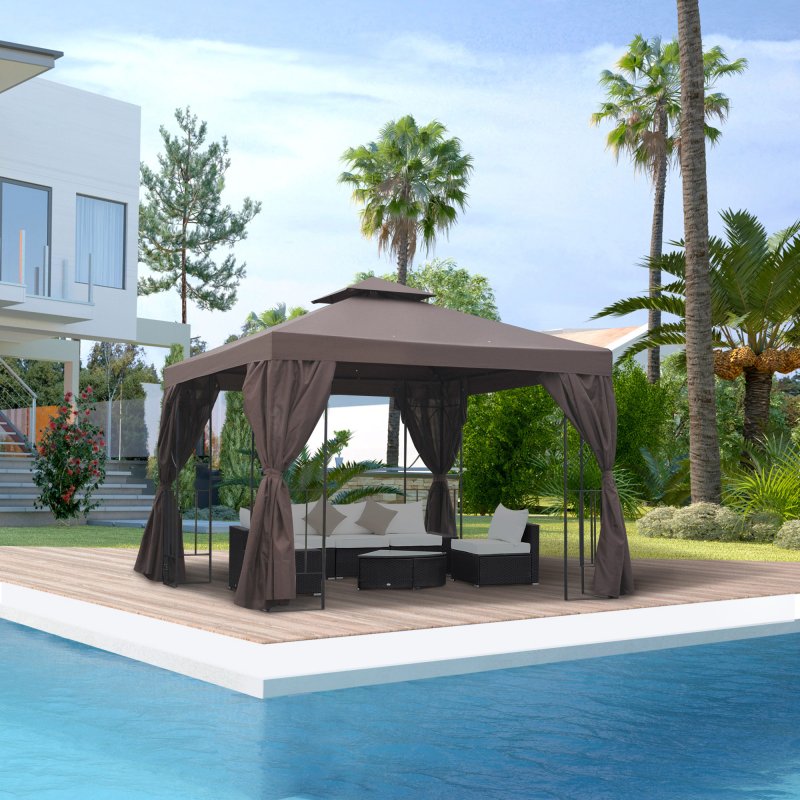 Outsunny 3 x 3 m Garden Gazebo Double-Roof Marquee Patio Wedding Party Tent Canopy Shelter with Sidewalls (Brown)