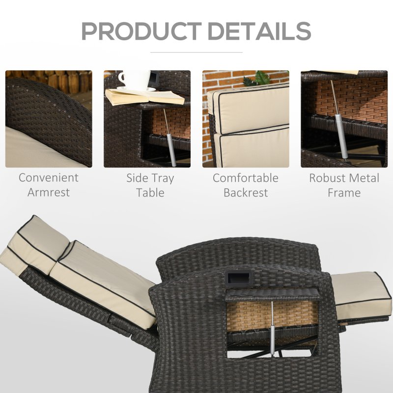 Outsunny Garden Recliner with Cushion, PE Wicker Outdoor Recliner Chair with Adjustable Backrest & Footrest, Rattan Recliner Chair with Armrests and Side Tray for Balcony, Porch, Khaki/Brown