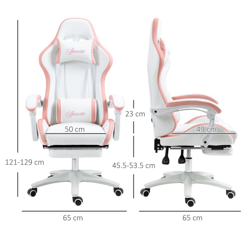 Vinsetto Computer Gaming Chair, PU Leather Office Desk Chair with Footrest, Swivel Wheels, 135?? Reclining Back, Lumbar Support, Headrest for Home, White and Pink