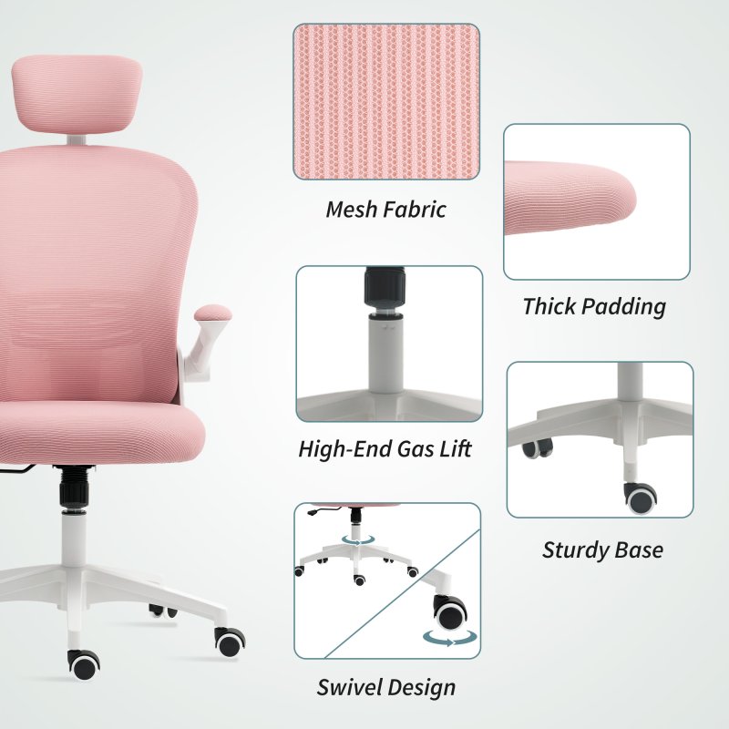 Vinsetto High Back Office Chair, Mesh Computer Desk Chair with Rotatable Headrest, 4D Lumbar Support, Flip-up Arm, Adjustable Height, Pink
