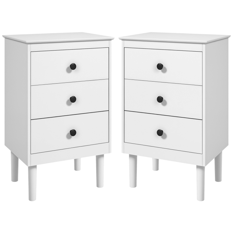 HOMCOM Bedside Table Set of 2, Bedside Cabinet with 3 Drawers, Modern Sofa Side Table, Nightstand for Bedroom, 40x30x64cm, White