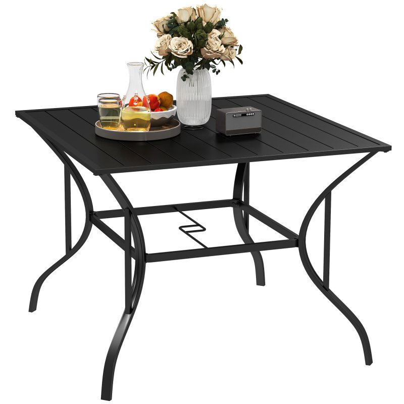 Outsunny 94 x 94 cm Garden Dining Table with Parasol Hole, Square Patio Table with Slatted Metal Plate Top, Black