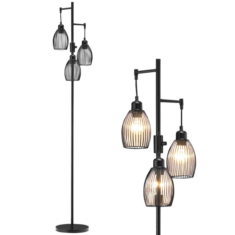 HOMCOM 3-Light Floor Lamp, 170cm Industrial Dimmable Standing Lamp with Steel Wire Cage Lampshades for Living Room, Bedroom, Dining Room, Study, Black