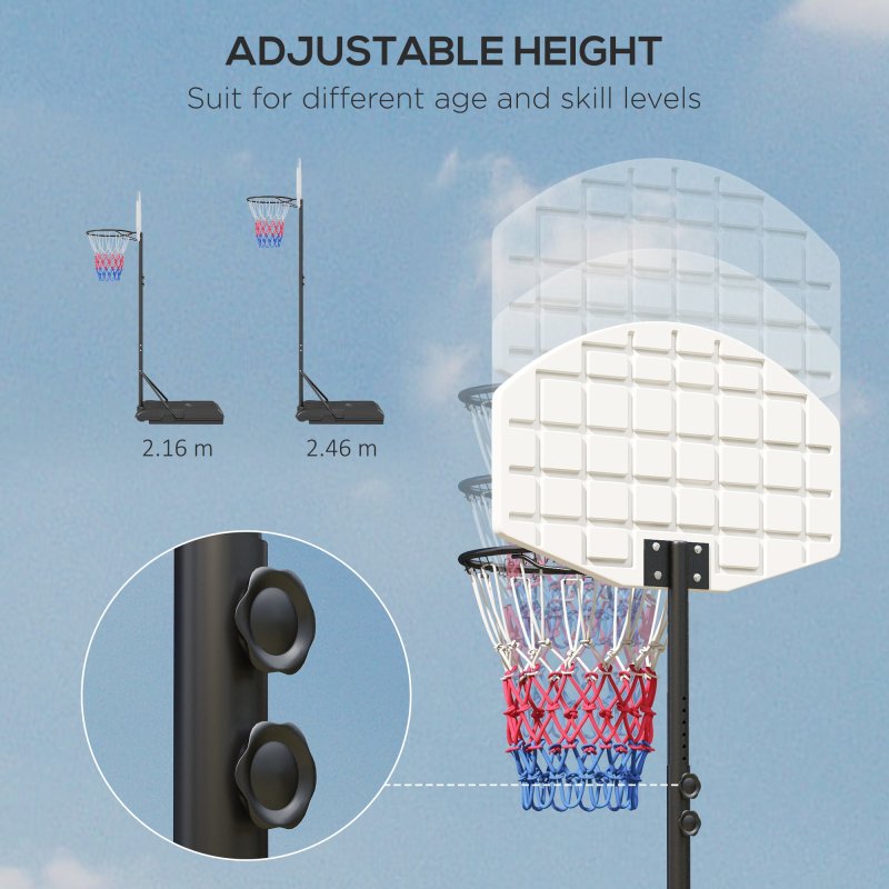 SPORTNOW Height Adjustable Basketball Hoop and Stand, Free Standing Basketball Stand Net Set System w/ Wheels, Enlarged Base, PE Backboard, 179-209cm