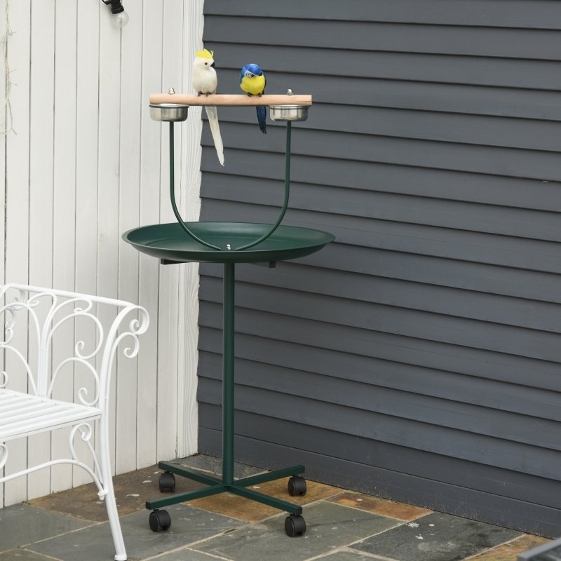 PawHut Bird Perch Stand, T-Stand Bird Training with Perch, Four Wheels, Feeding Bowls, Parrot Stand for Small, Medium Birds, Green