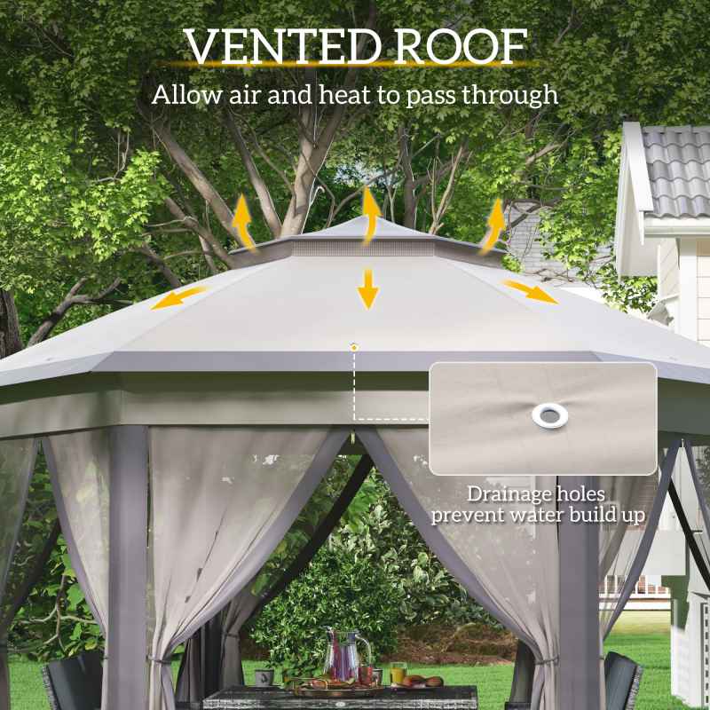 Outsunny 3 x 4m Garden Gazebo Hexagon Pop Up Gazebo Party Tent Canopy Double Roof Instant Shelter with Netting and Carry Bag for Outdoor Patio, Beige