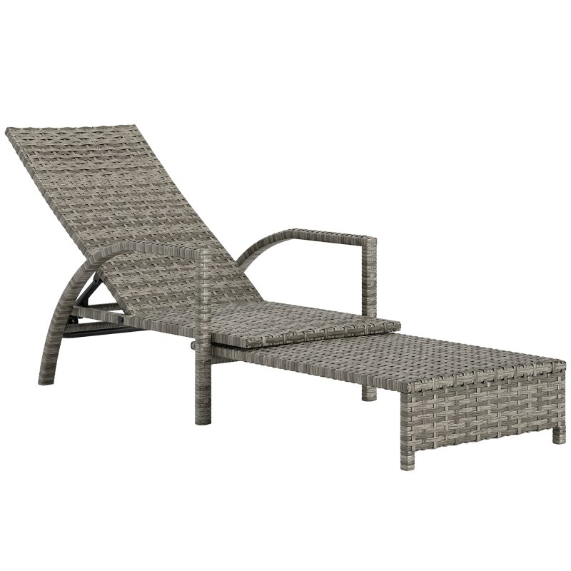 Outsunny PE Rattan Sun Lounger, Garden Lounger with 4-Level Adjustable Backrest, Outdoor Sunbed with Retractable Footrest for Balcony, Beach, Patio, Mixed-grey