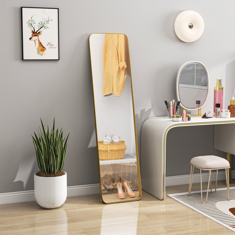 HOMCOM Full Length Mirror, 40 x 160 cm, Rectangular Full Body Mirror with Curved Corners for Bedroom, Living Room, Cloakroom, Floor Standing or Leaning Against Wall, Gold Tone