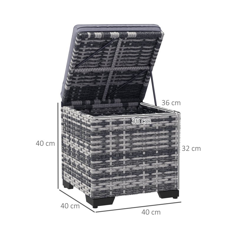 Outsunny Set of 2 Rattan Storage Ottoman, Outdoor Footstool with Removable Cushions, Garden Storage Seat for Balcony, Porch, Living Room, Dark Grey