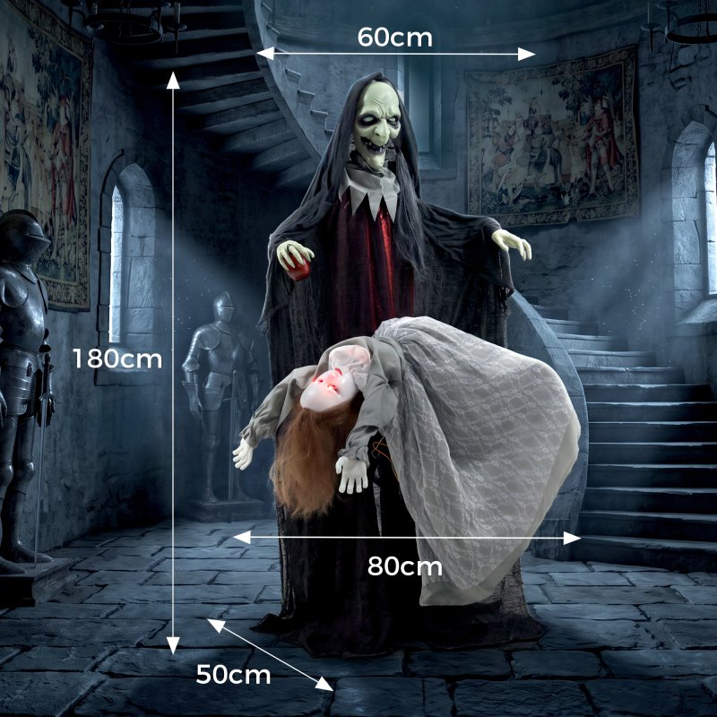 HOMCOM 71" Halloween Animated Standing Witch with Floating Ghost Decoration, Halloween Animated Prop with Light-Up Eyes, Sound and Touch Activated, Rising and Falling Motion for Haunted House Party