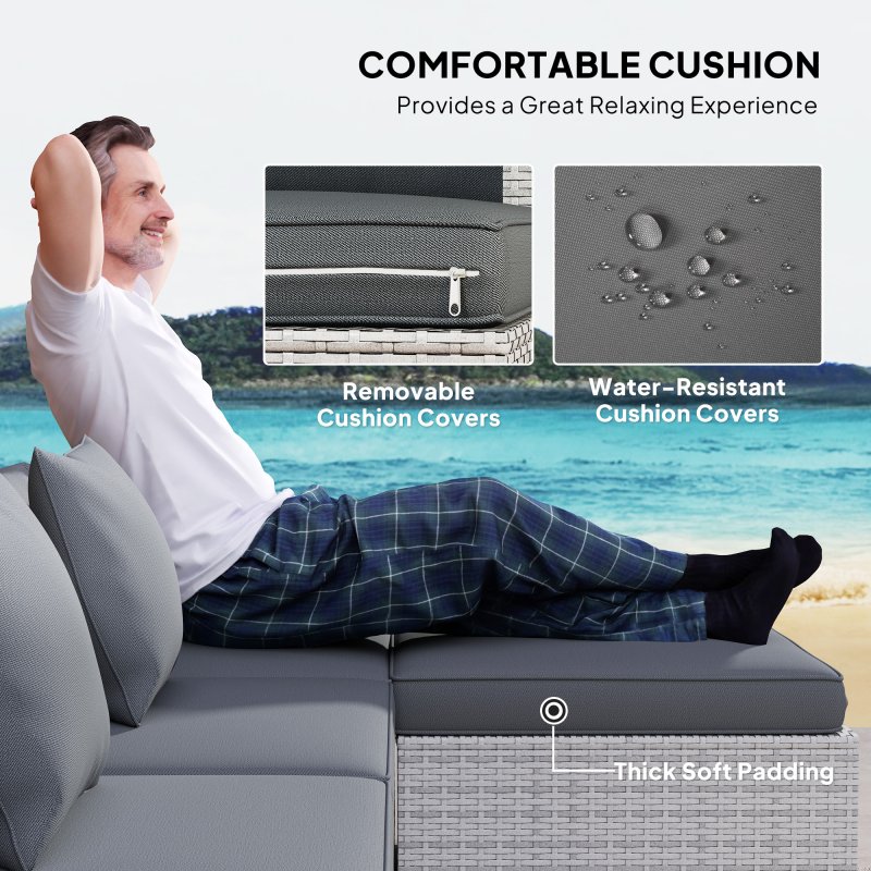 Outsunny 6 Pieces Rattan Garden Furniture Set, 5 Seater Sectional Garden Corner Sofa Set with Glass Top Coffee Table, Cushions and Pillows, All-Weather Wicker Conversation Furniture, Mixed Grey
