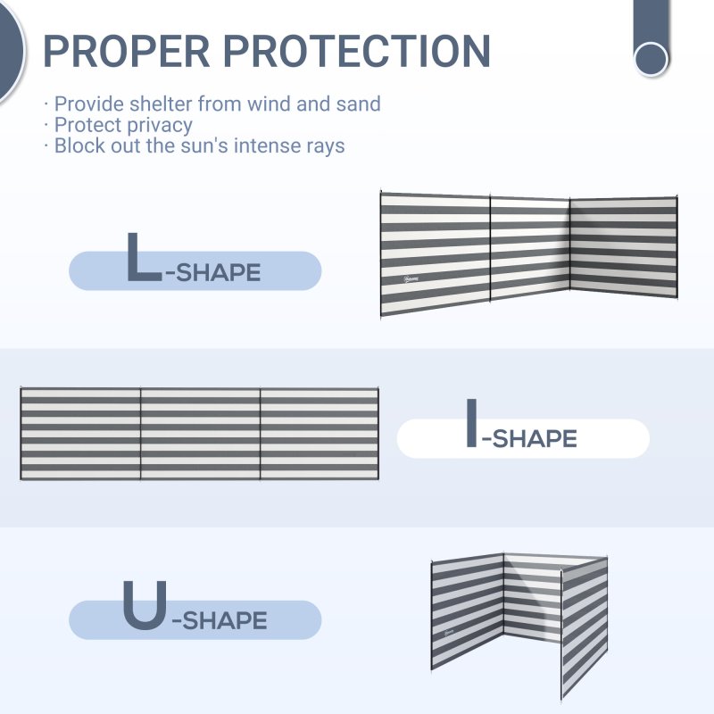 Outsunny 4 Pole Camping Windbreaks, Beach Wind Shield Shelter with Carry Bag and Steel Poles, Outdoor Caravan Privacy Shield, 540cm x 150cm, Grey and White