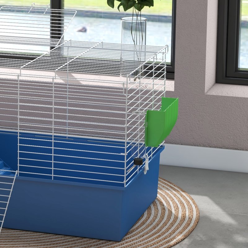 PawHut Guinea Pig Cage Chinchillas Rabbit Small Animal Cage with Ramp, Dish, Water Bottle, 99 x 52 x 53cm, Blue