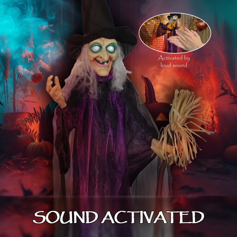 Outsunny 183 cm Life Size Halloween Animated Standing Witch & Broomstick with Glowing LED Eyes, Spooky Witch Scary Halloween Decorations, Battery Operated, Indoor Party Props