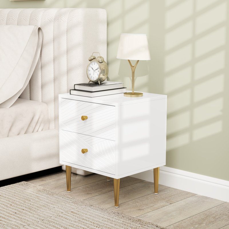 HOMCOM Bedside Table with 2 Drawers, Modern Side Table with Curved Line Panels and Metal Legs for Bedroom, Living Room, White