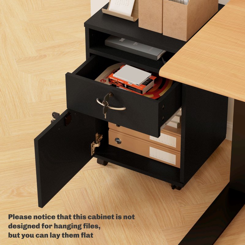 HOMCOM 60cm Filing Cabinet with Drawer, Open Shelf, Metal Handles and 4 Wheels, Office Home Organiser Mobile Printer with Two Locks