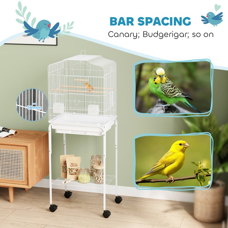 PawHut Bird Cage Budgie Cages for Finch Canary Parakeet with Stand Wheels Slide-out Tray Accessories Storage Shelf, White 46.5 x 36 x 124 cm