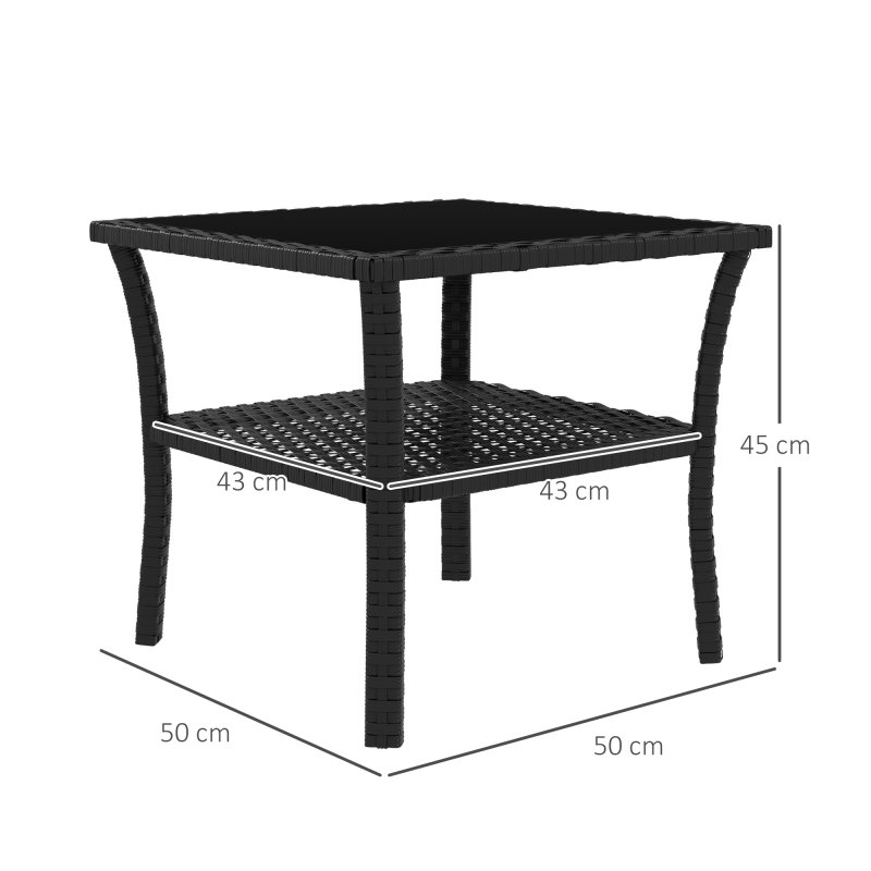 Outsunny 50cm Outdoor PE Rattan Coffee Table, Patio Wicker Two-tier Side Table with Glass Top, for Patio, Garden, Balcony, Black