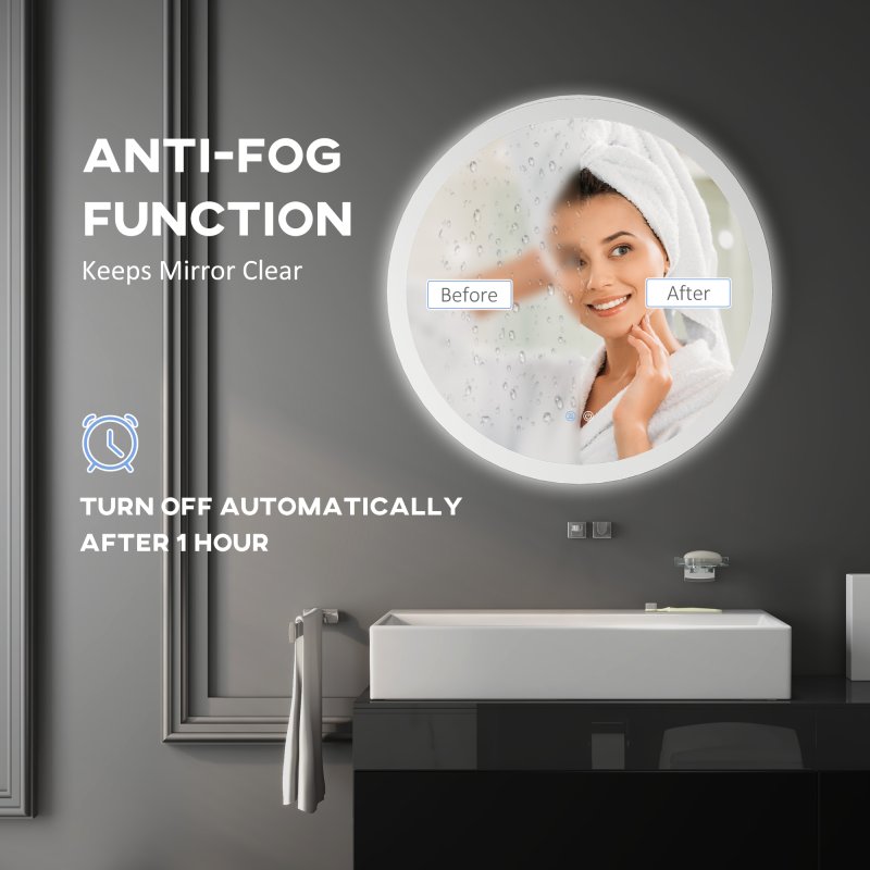 kleankin Round Bathroom Mirror with LED Lights, Wall-Mounted Dimmable Makeup Mirror with 3 Temperature Colours, Defogging Film, Memory Function, Hardwired, 60 x 60cm