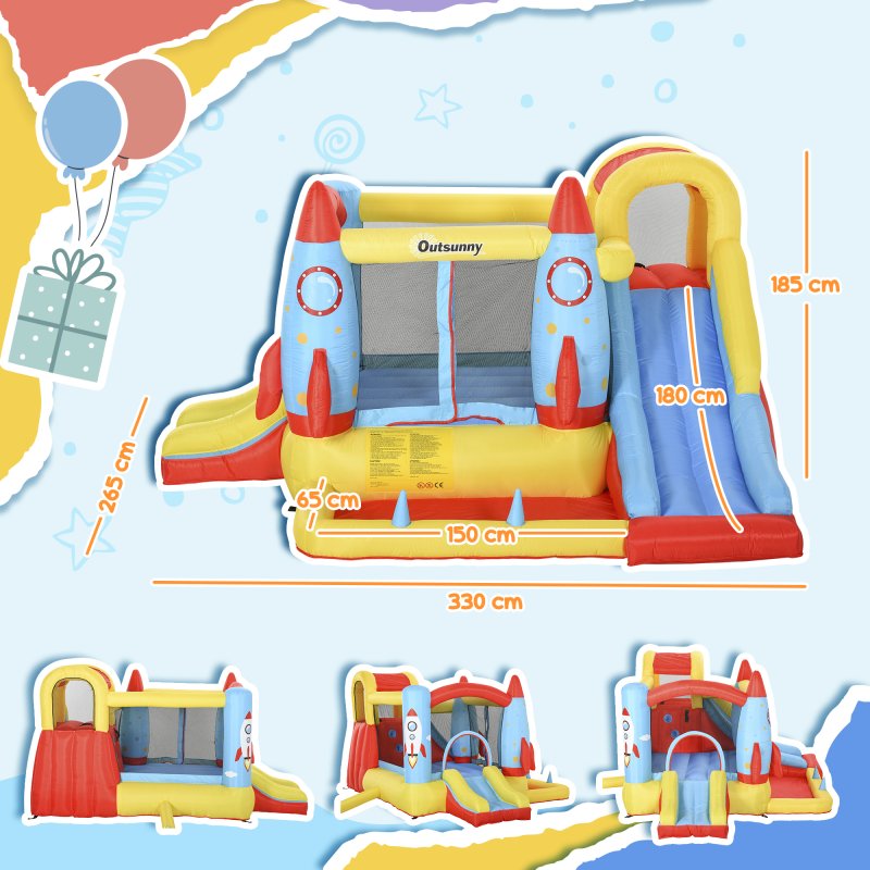 Outsunny Bouncy Castle Inflatable Bouncy Castles for Children Bounce House 3 in 1 w/ Trampoline Slide Water Pool with Blower for Kids Age 3-8 Rocket Design 3.3 x 2.65 x 1.85m