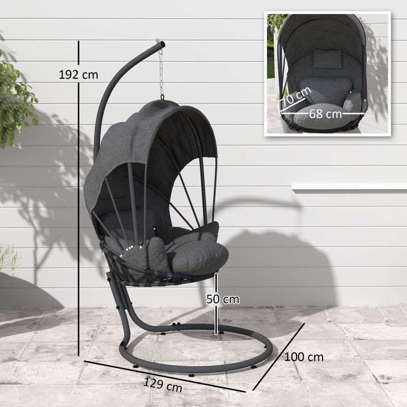 Outsunny Hanging Egg Chair with Cushion and Retractable Canopy, Swing Hammock Chair with Adjustable Metal Stand, for Indoor and Outdoor, Grey