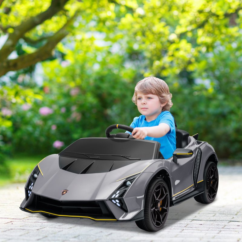 AIYAPLAY 12V Lamborghini Autentica Licensed Kids Electric Car with Butterfly Doors, Ride on Car with Remote Control, 4 Suspension Wheels, Soft Start, LED Lights, Music, Horn, Grey