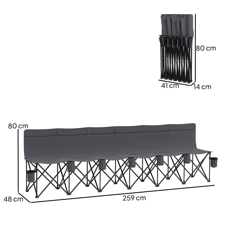 Outsunny 6 Seater Folding Bench, Outdoor Camping Chair Portable Sports Spectator Chair with Metal Frame, Cup Holder & Carry Bag, Charcoal Grey
