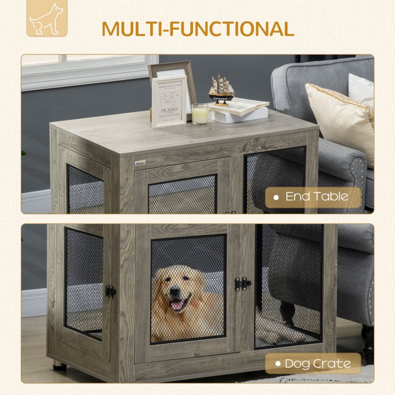 PawHut Dog Crate Furniture End Table w/ Soft Washable Cushion, Two Doors, Indoor Pet Kennel for Small Medium Large Dogs w/ Wire Mesh, Grey
