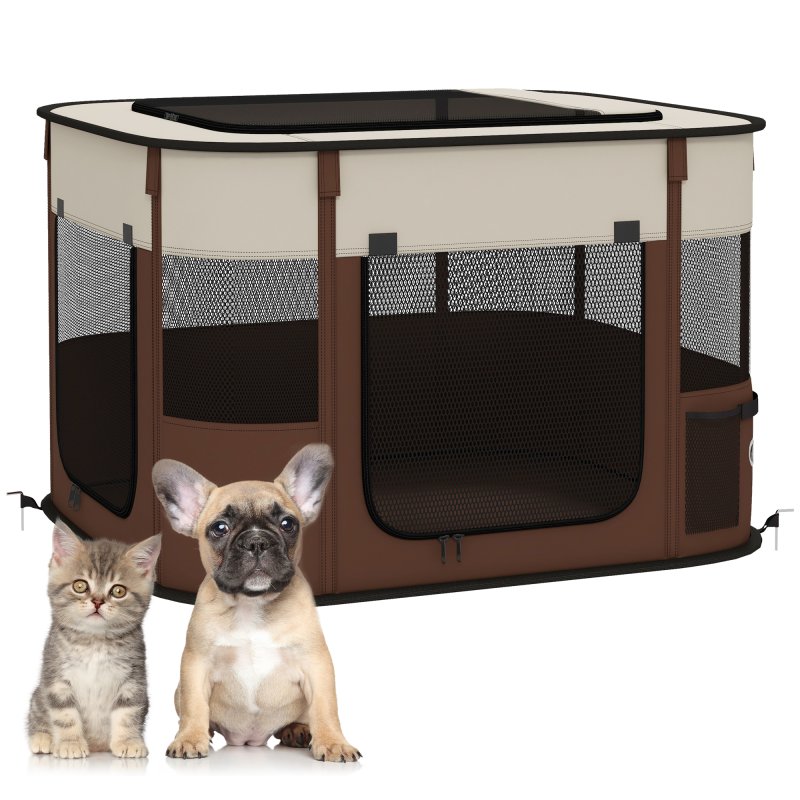 PawHut Dog Pen, Pet Playpen, Portable Foldable Dog Cat Playpen Soft Pet Cage with Storage Bag for Puppies, Rabbits, Kittens, Guinea Pigs, 74 x 60 x 45cm - Brown