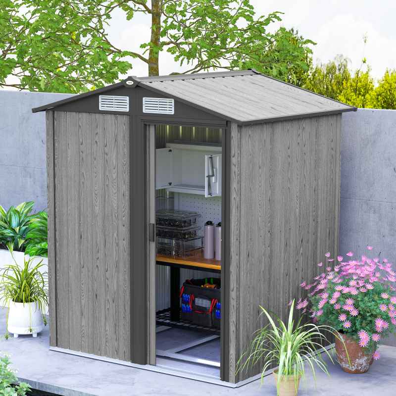 Outsunny 5ft x 4ft Garden Shed, Metal Tool Storage Shed with Sliding Door, Sloped Roof and Foundation Kit for Garden, Patio, Grey Wood Effect