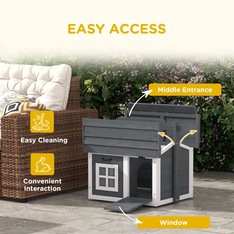 PawHut Rabbit Hutch Cat House Puppy House Guinea Pig Hutch Small Animal House Portable Wooden Indoor Outdoor with 2 Rooms Top Handle, Openable Roof - Grey