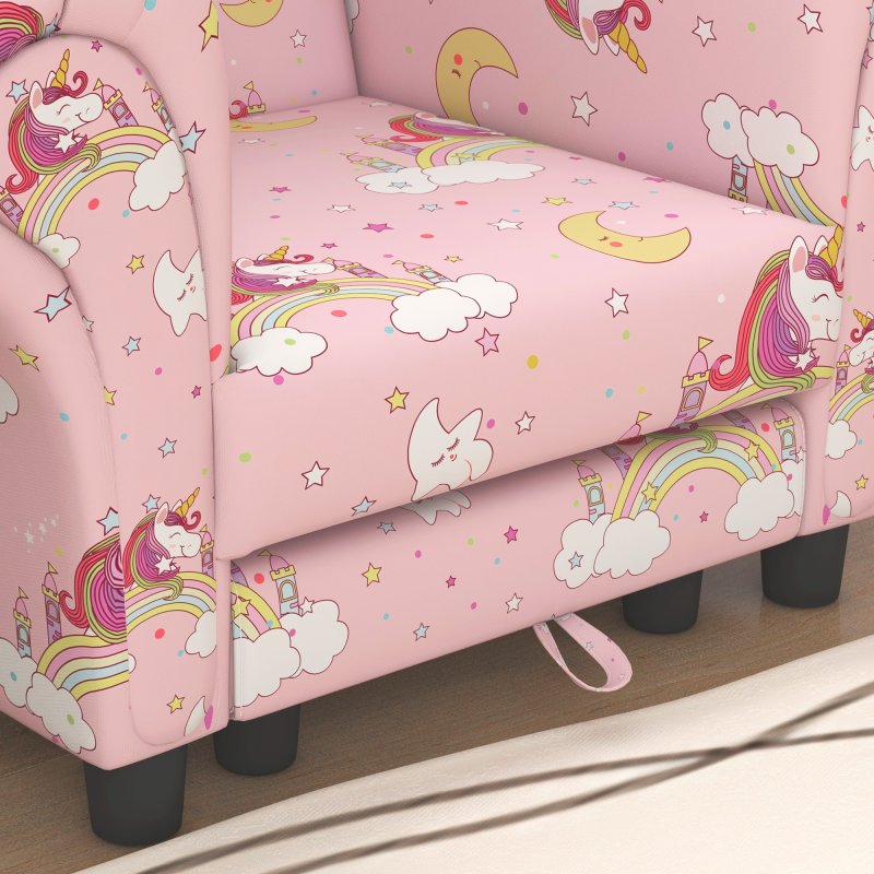 AIYAPLAY Kids Armchair with Stool, 2 Piece Kids Sofa Set with Unicorn Design, Wooden Frame, Upholstered Kids Chair for Bedroom, Playroom, Kid Room, for 1.5-3 Years Old, Pink
