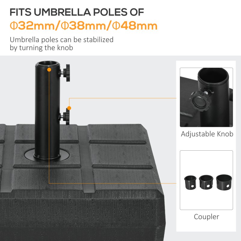 Outsunny Garden Parasol Base with Wood Effect, 30kg Water or 40kg Sand Filled, Heavy Duty HDPE Umbrella Stand with Double Knob, Fillable Parasol Stand for 32mm, 38mm, 48mm Poles, Black