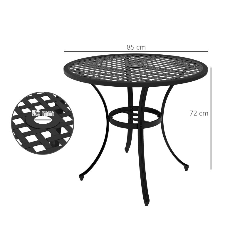 Outsunny 85cm Round Garden Dining Table, Cast Aluminium Coffee Table with Parasol Hole and Adjustable Foot Pad, Patio Table for Outdoor, Balcony, Poolside, Black