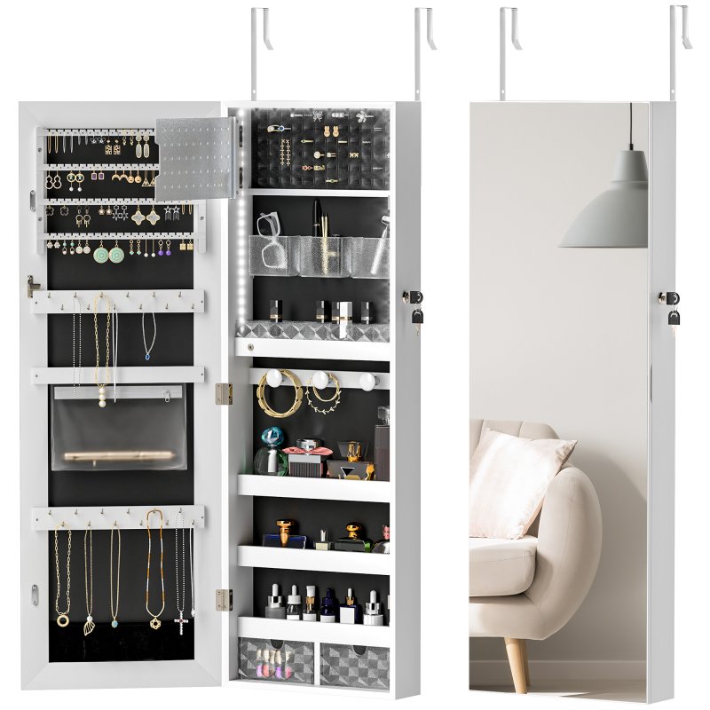 HOMCOM Jewellery Cabinet with LED Lights, Door Hanging or Wall Mounted Full Length Mirror with Storage, Lockable Jewellery Organiser, White Surface and Black Lining
