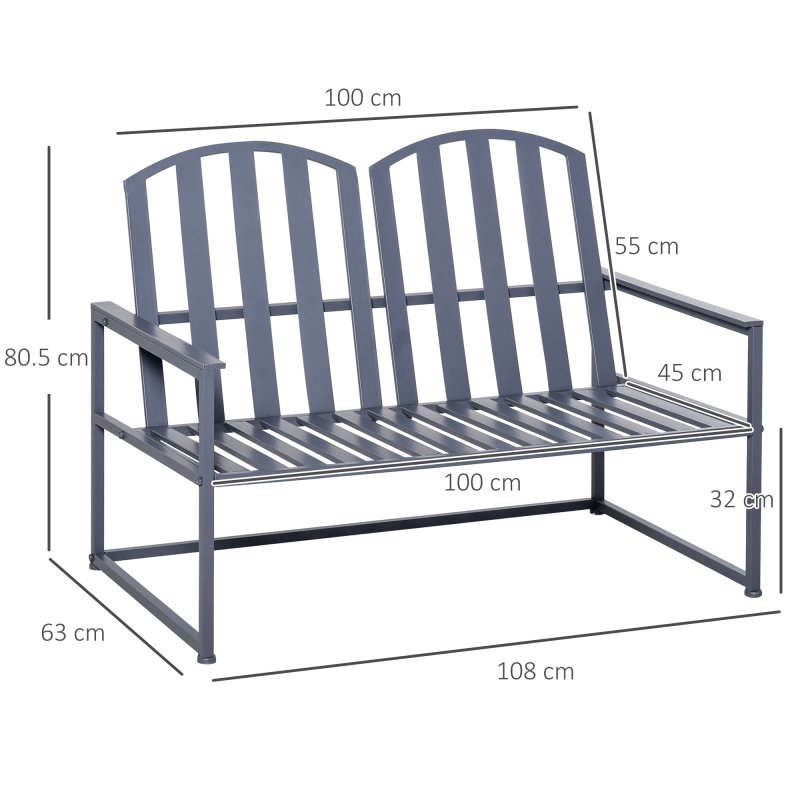 Outsunny Garden Bench Loveseat 2 Seat Chair for Outdoor Park, Yard, Steel Frame, Decorative Slatted Design, Grey