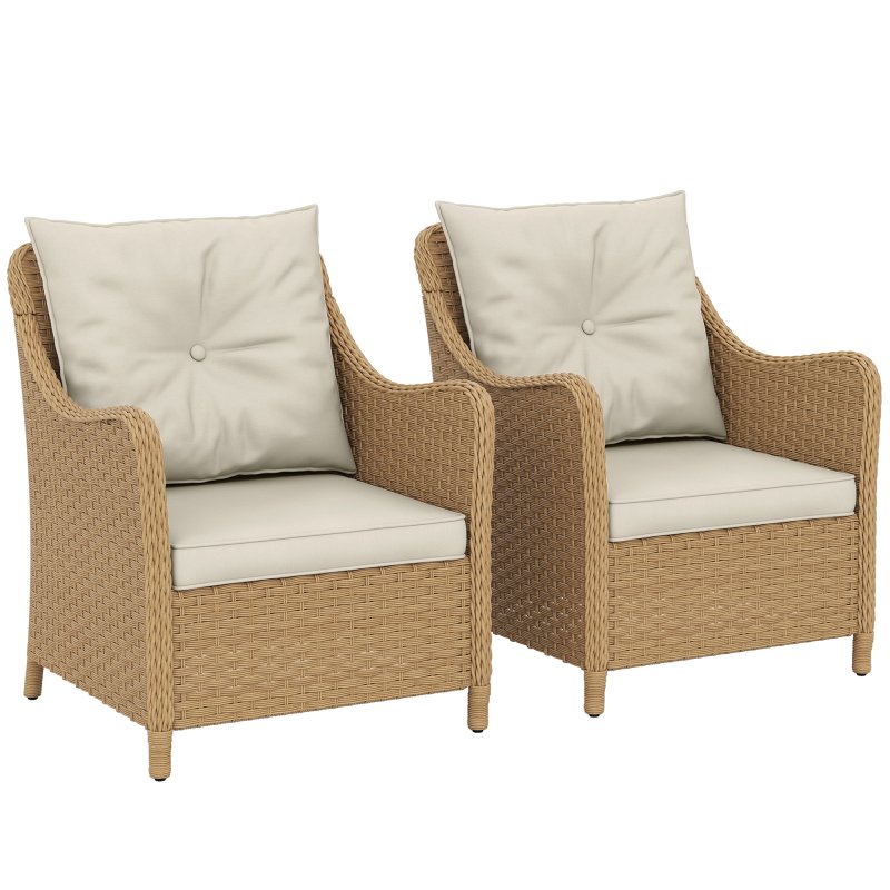 Outsunny Rattan Garden Chairs Set of 2, Outdoor Rattan Chairs with Cushions, Armrests and High Back, PE Wicker Garden Armchair with Steel Frame for Balcony, Porch, Beige