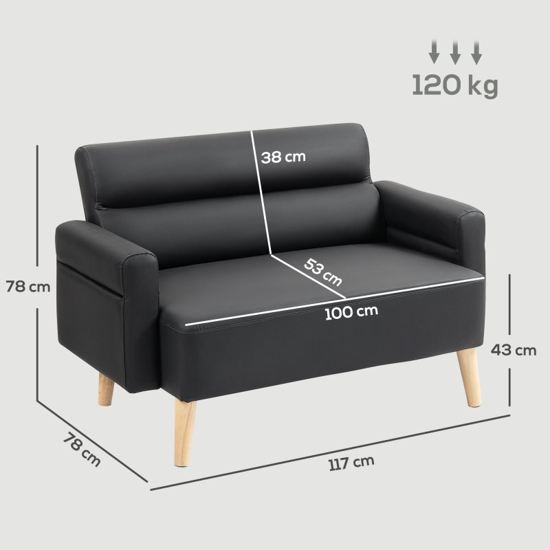 HOMCOM 2 Seater Sofa, Modern Faux Leather Couch Settee, Upholstered Small Sofa Loveseat with Wood Legs, Side Pocket for Living Room, Bedroom, Office, Black
