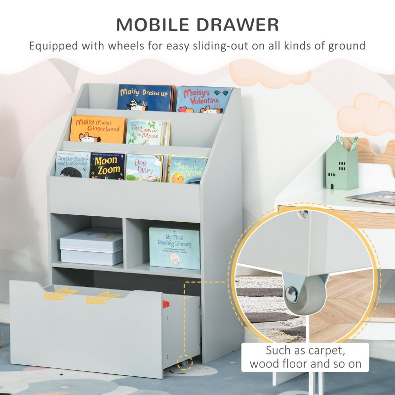 HOMCOM Kids Bookshelf with Storage Drawer, Children's Bookcase with Wheels, Toy Organiser for Bedroom, Playroom - Grey
