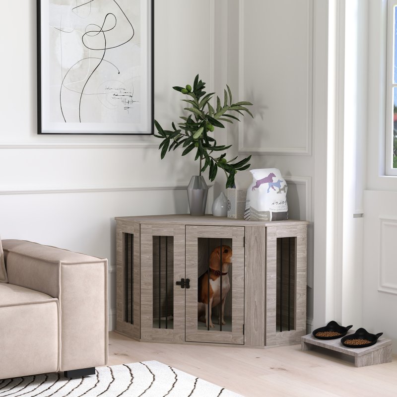 PawHut Dog Crate Furniture, Side Table Dog Kennel with Cushion, Large Door, for Medium Dogs - Walnut Brown