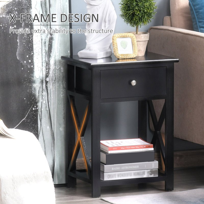 HOMCOM End Table, Sofa Side Table with Drawer X Bar Bottom Storage Shelf, Nightstand Bedside Table for Bedroom or Living Room
