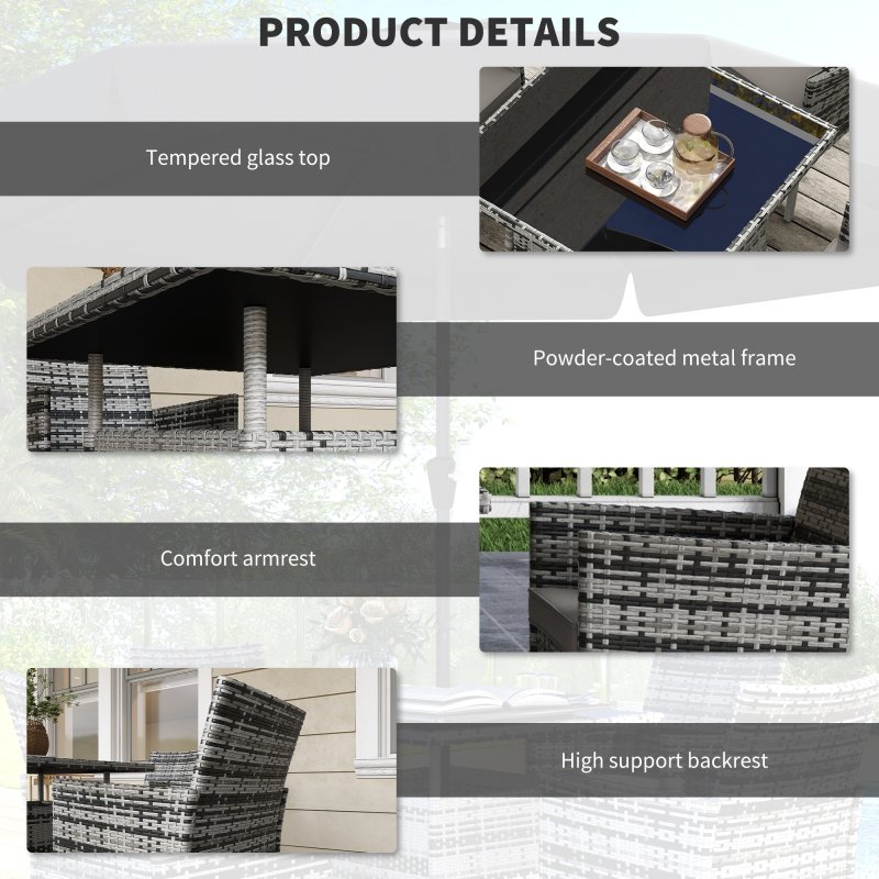 Outsunny 4 Seater Rattan Dining Set with Cushions, 5 Pieces Garden Dining Set with Glass Tabletop, PE Rattan Garden Furniture Set with Dining Table and Armchairs for Patio, Balcony, Mixed Grey