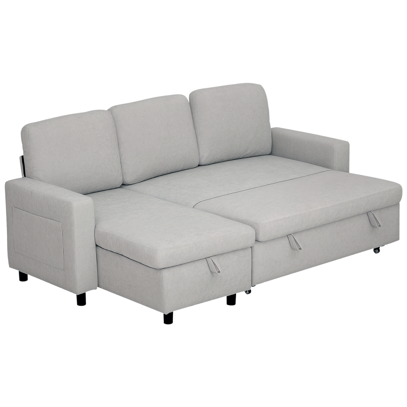 HOMCOM Sofa Bed with Storage, Convertible L Shaped Corner Sofa, 3 Seater Pull Out Sofa Bed with Reversible Chaise, Side Pockets for Living Room, Bedroom, Small Spaces, Light Grey