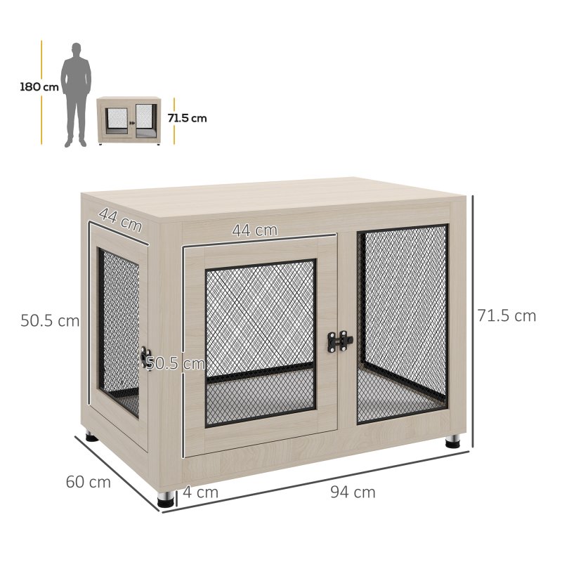 PawHut Dog Crate Furniture End Table w/ Soft Washable Cushion, Two Doors, Indoor Pet Kennel for Small Medium Large Dogs w/ Wire Mesh, Oak