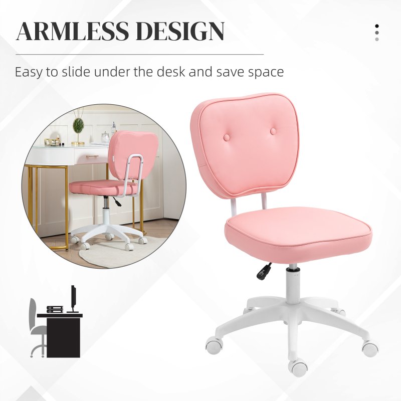 Vinsetto Cute Armless Office Chair, Small PU Leather Computer Desk Chair with Adjustable Height, Swivel Wheels, Mid Back, Pink