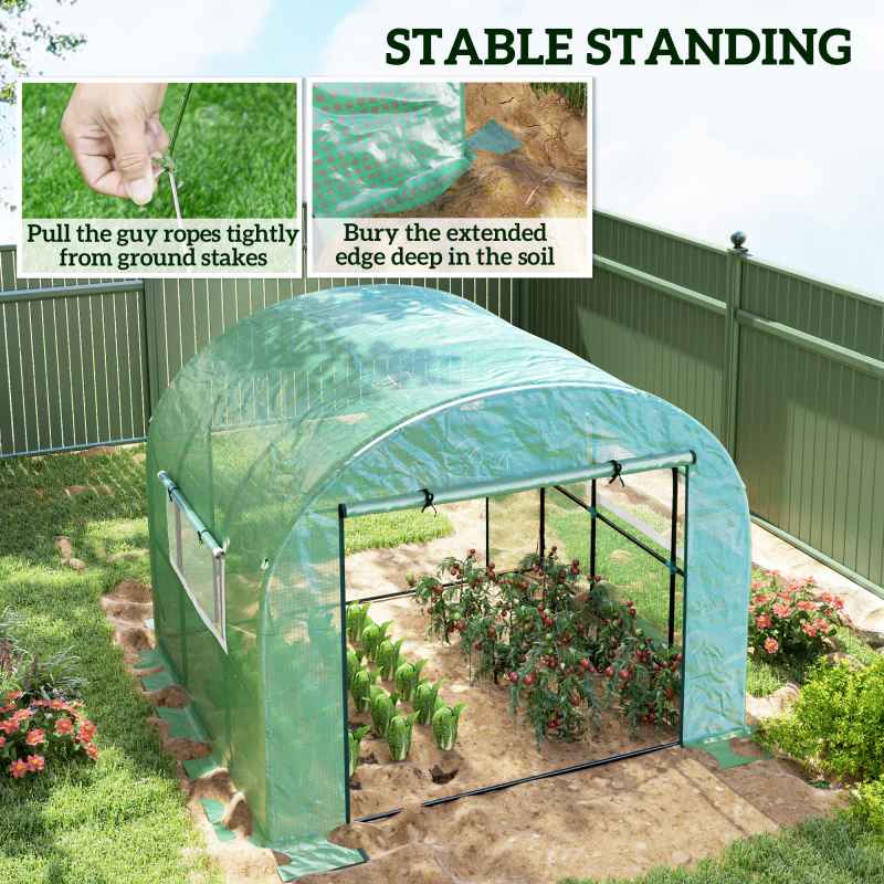 Outsunny 3 x 3 x 2m Polytunnel Greenhouse with Doors and Mesh Windows, Walk-in Grow House Tent with UV-resistant PE Cover and Steel Frame, Green