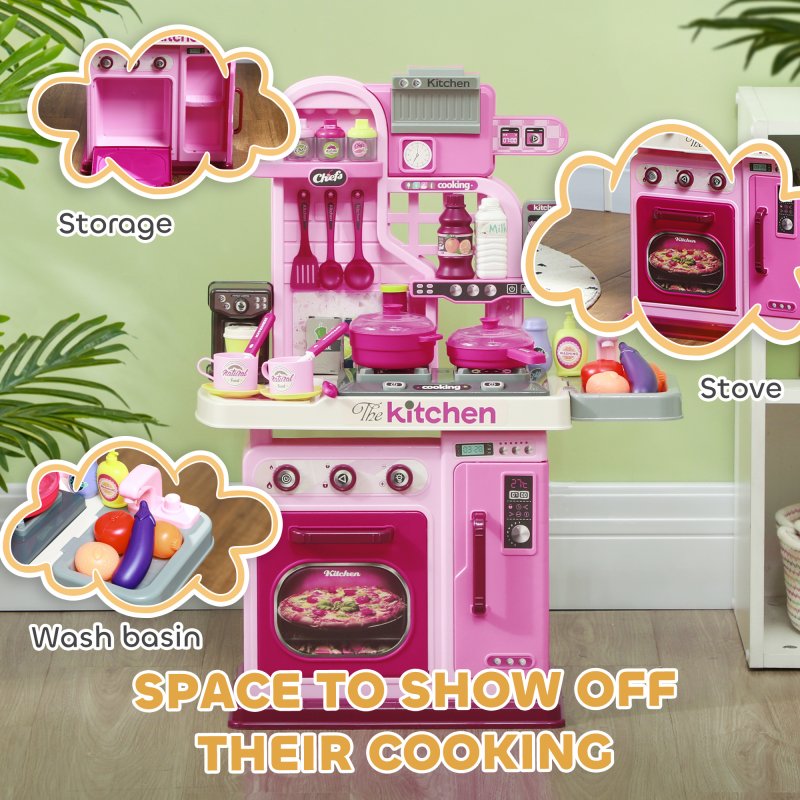 AIYAPLAY Kids Kitchen, Toy Kitchen, Toddler Pretend Play Kitchen with 33-Piece Accessories, Lights, Sounds, for Ages 3-6 Years, Pink