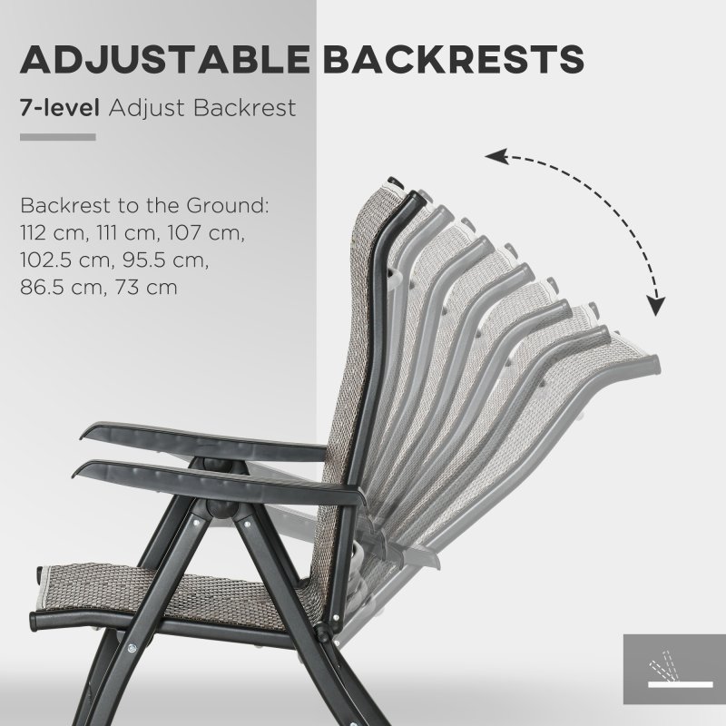 Outsunny Set of 2 Outdoor Wicker Folding Chairs, Patio PE Rattan Dining Armrests Chair set with 7 Levels Adjustable Backrest, for Outdoors, Camping, Brown