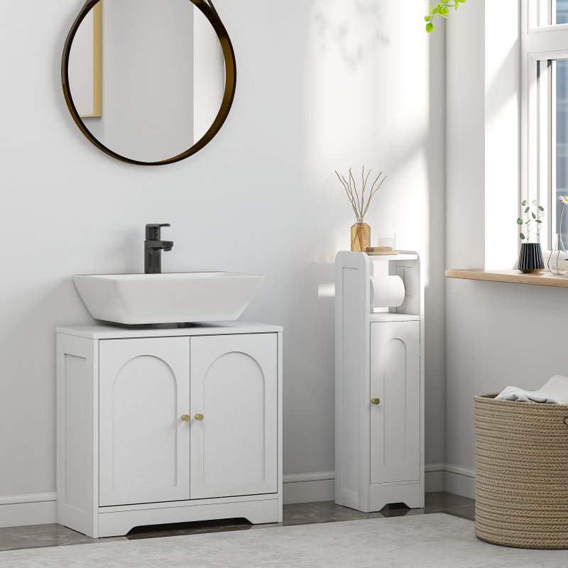 HOMCOM Under Sink Bathroom Cabinet, Freestanding Under Sink Cabinet with 2 Arch Doors and Adjustable Shelf for Basin without or with Pedestal, White